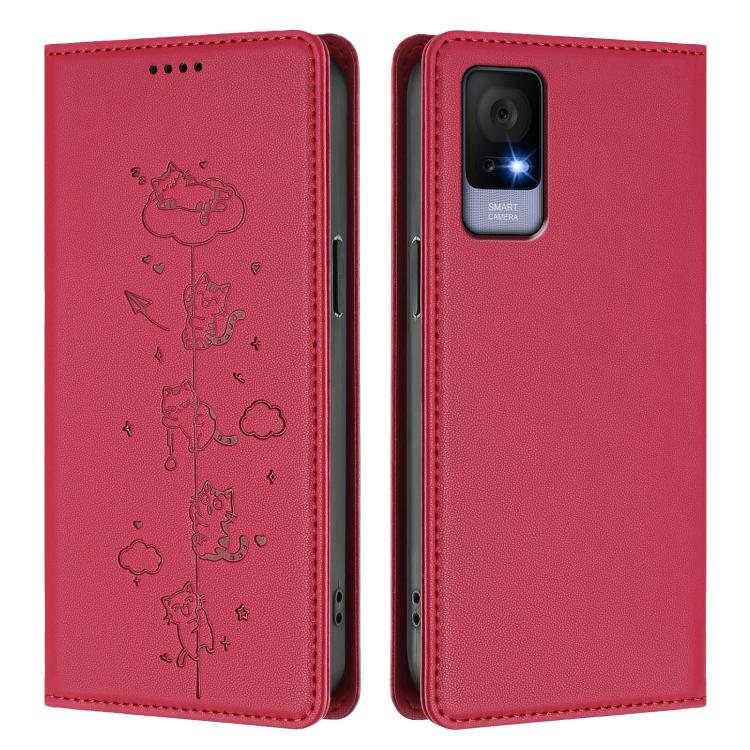 For TCL 406 / 406s / 408 Cute Cats Embossed Magnetic RFID Vegan Leather Phone Case
