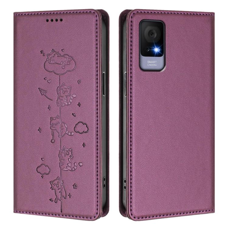 For TCL 406 / 406s / 408 Cute Cats Embossed Magnetic RFID Vegan Leather Phone Case