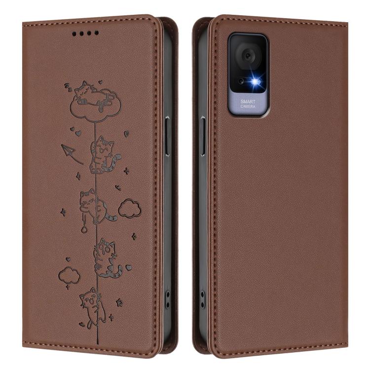 For TCL 406 / 406s / 408 Cute Cats Embossed Magnetic RFID Vegan Leather Phone Case