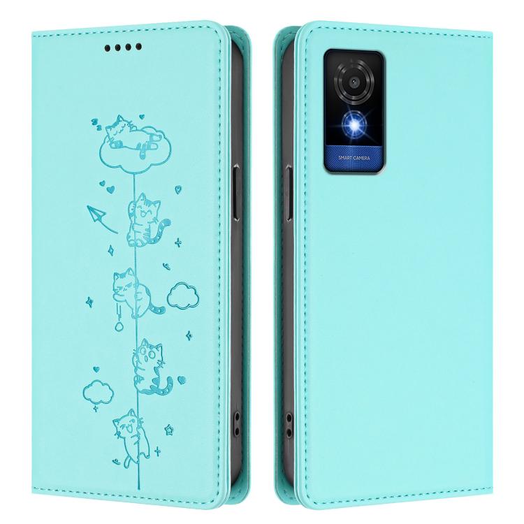 For TCL 501 Cute Cats Embossed Magnetic RFID Vegan Leather Phone Case