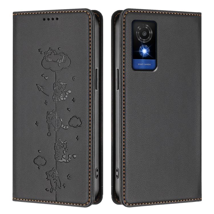 For TCL 501 Cute Cats Embossed Magnetic RFID Vegan Leather Phone Case