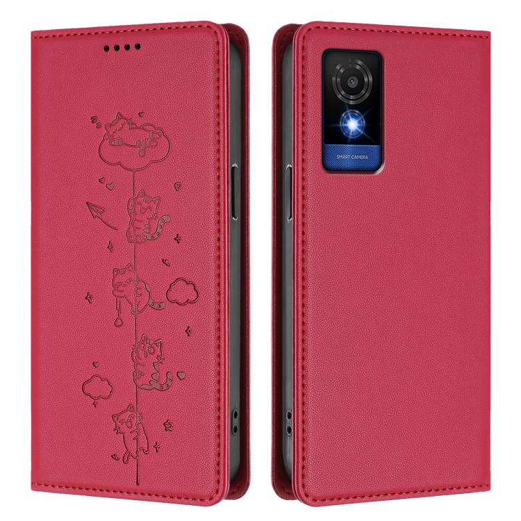 For TCL 501 Cute Cats Embossed Magnetic RFID Vegan Leather Phone Case