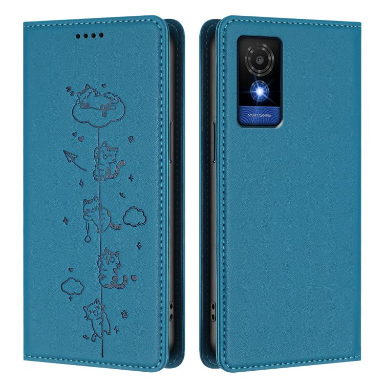 For TCL 501 Cute Cats Embossed Magnetic RFID Vegan Leather Phone Case