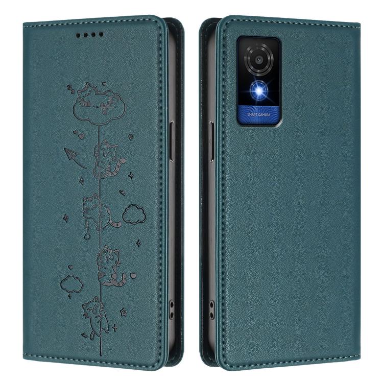 For TCL 501 Cute Cats Embossed Magnetic RFID Vegan Leather Phone Case