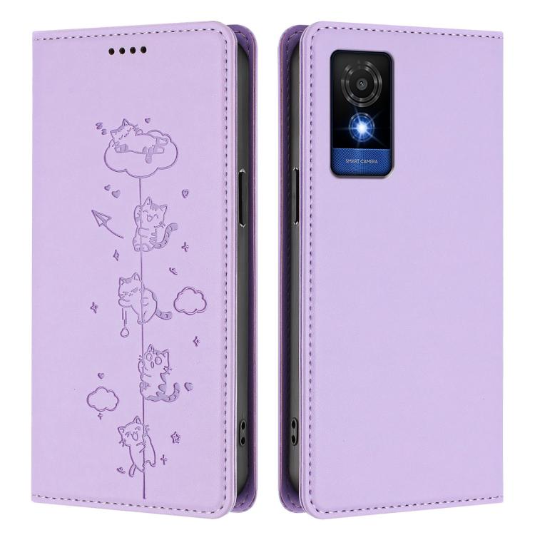 For TCL 501 Cute Cats Embossed Magnetic RFID Vegan Leather Phone Case