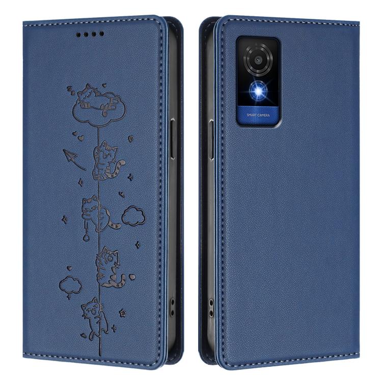 For TCL 501 Cute Cats Embossed Magnetic RFID Vegan Leather Phone Case
