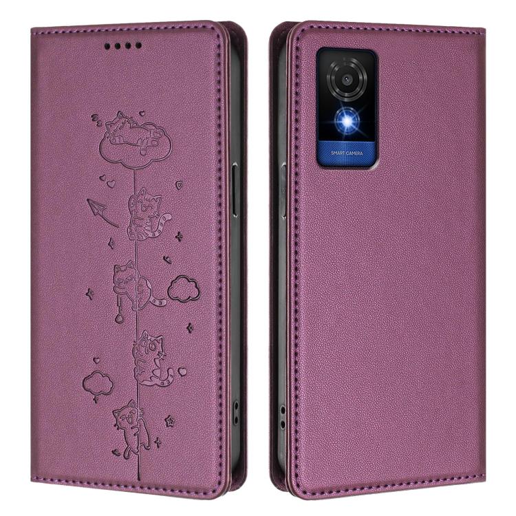 For TCL 501 Cute Cats Embossed Magnetic RFID Vegan Leather Phone Case