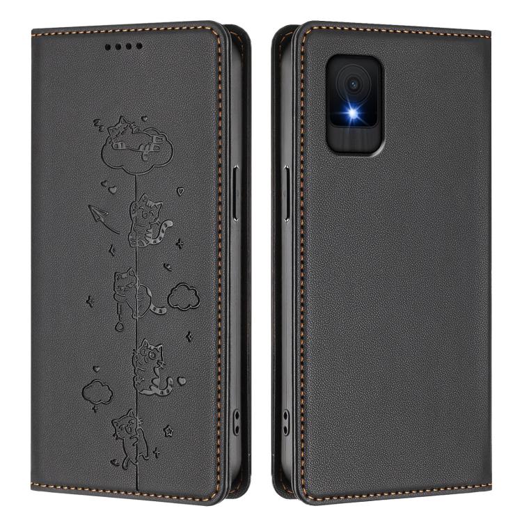 For TCL 502 Cute Cats Embossed Magnetic RFID Vegan Leather Phone Case
