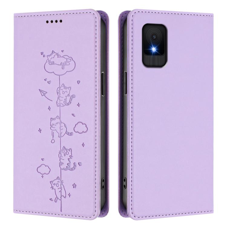 For TCL 502 Cute Cats Embossed Magnetic RFID Vegan Leather Phone Case