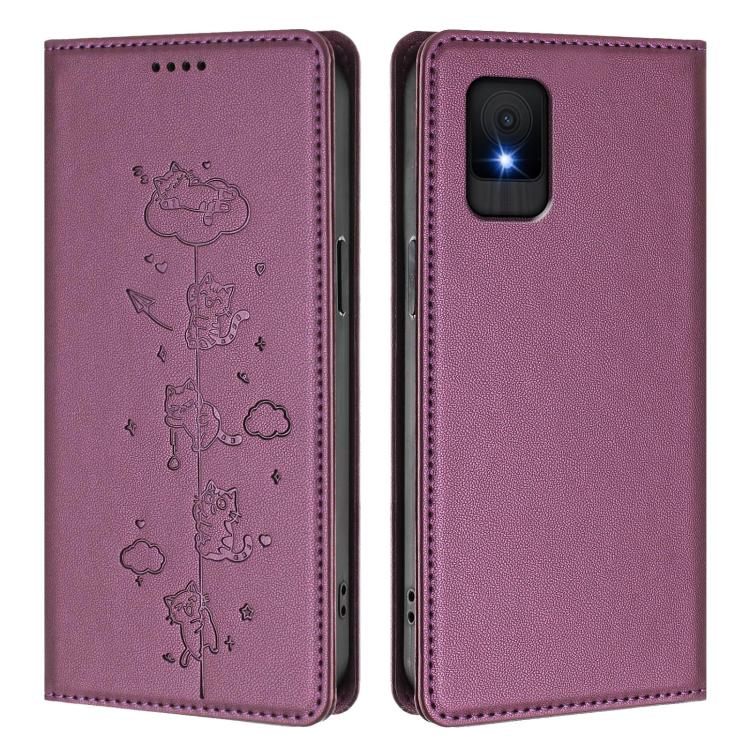 For TCL 502 Cute Cats Embossed Magnetic RFID Vegan Leather Phone Case