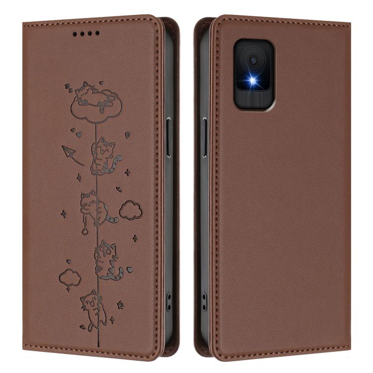 For TCL 502 Cute Cats Embossed Magnetic RFID Vegan Leather Phone Case