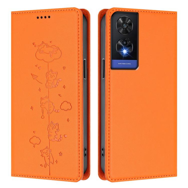 For TCL 505 Cute Cats Embossed Magnetic RFID Vegan Leather Phone Case