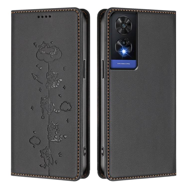 For TCL 505 Cute Cats Embossed Magnetic RFID Vegan Leather Phone Case