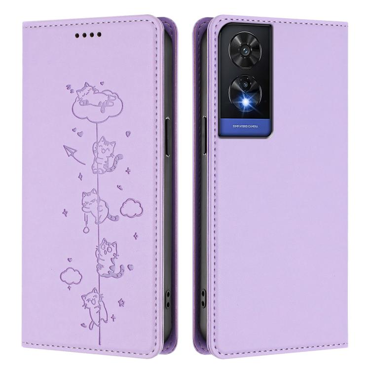 For TCL 505 Cute Cats Embossed Magnetic RFID Vegan Leather Phone Case