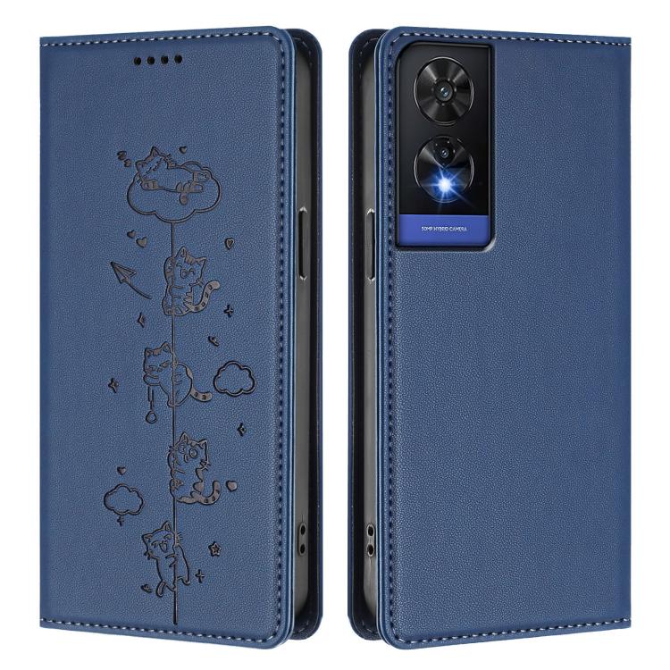 For TCL 505 Cute Cats Embossed Magnetic RFID Vegan Leather Phone Case