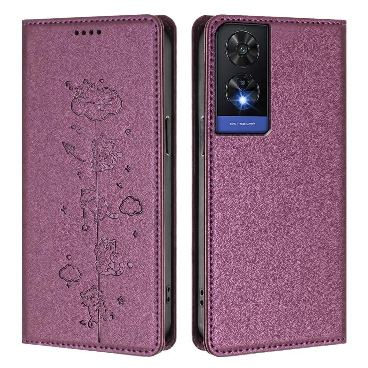 For TCL 505 Cute Cats Embossed Magnetic RFID Vegan Leather Phone Case