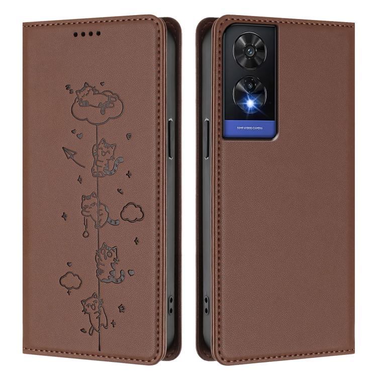For TCL 505 Cute Cats Embossed Magnetic RFID Vegan Leather Phone Case