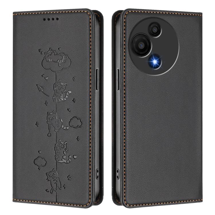 For TCL 605 / 60 SE Cute Cats Embossed Magnetic RFID Vegan Leather Phone Case