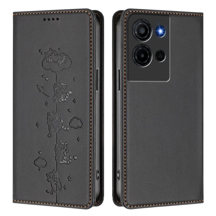 For TCL K32 5G / K33 5G Cute Cats Embossed Magnetic RFID Vegan Leather Phone Case