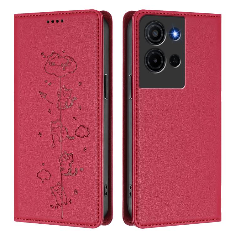 For TCL K32 5G / K33 5G Cute Cats Embossed Magnetic RFID Vegan Leather Phone Case