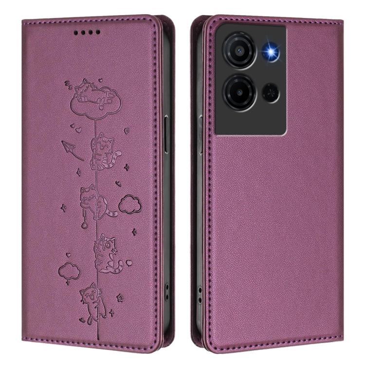 For TCL K32 5G / K33 5G Cute Cats Embossed Magnetic RFID Vegan Leather Phone Case