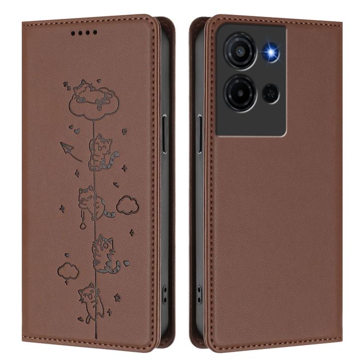 For TCL K32 5G / K33 5G Cute Cats Embossed Magnetic RFID Vegan Leather Phone Case