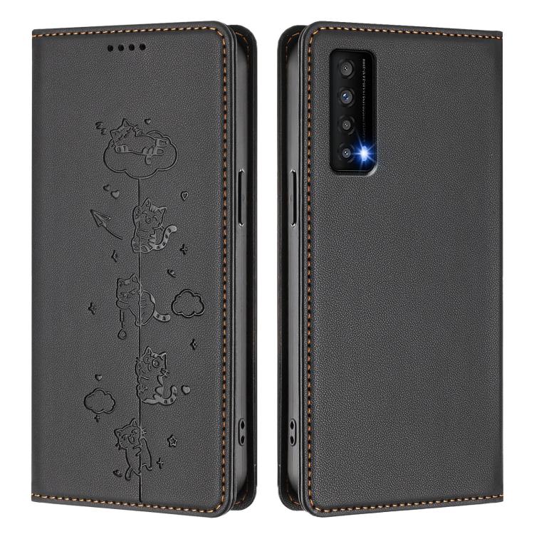 For TCL Stylus 5G Cute Cats Embossed Magnetic RFID Vegan Leather Phone Case