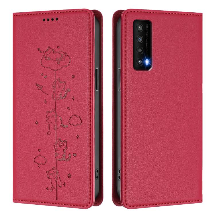 For TCL Stylus 5G Cute Cats Embossed Magnetic RFID Vegan Leather Phone Case