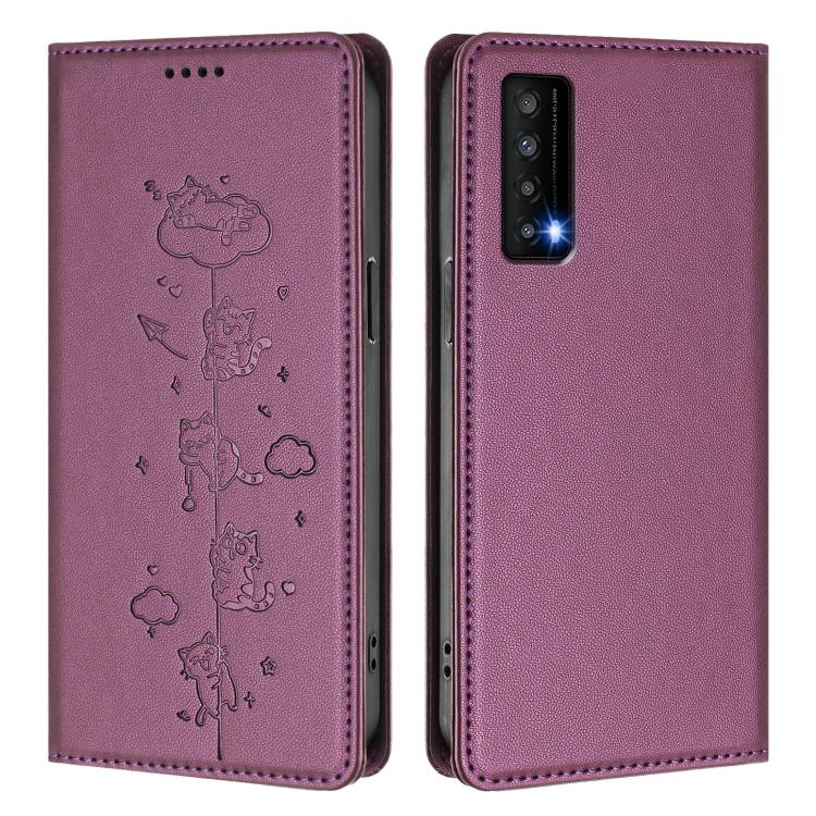 For TCL Stylus 5G Cute Cats Embossed Magnetic RFID Vegan Leather Phone Case