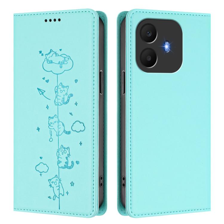 For TCL K70 4G / K70 Power 4G Cute Cats Embossed Magnetic RFID Vegan Leather Phone Case
