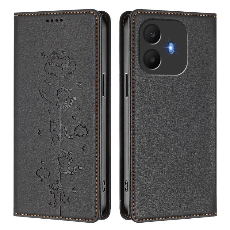 For TCL K70 4G / K70 Power 4G Cute Cats Embossed Magnetic RFID Vegan Leather Phone Case