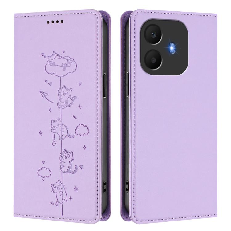 For TCL K70 4G / K70 Power 4G Cute Cats Embossed Magnetic RFID Vegan Leather Phone Case