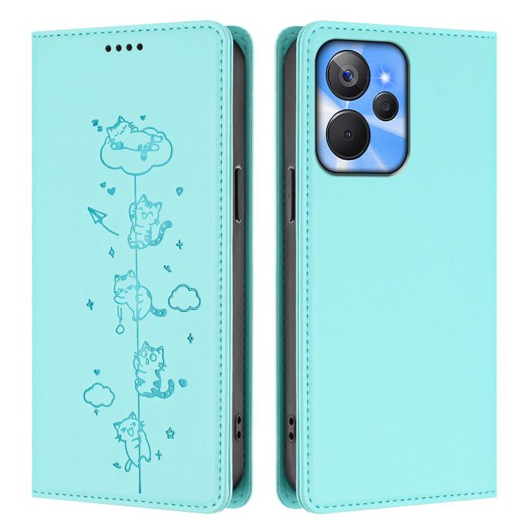 For Realme 10T 5G / 10s 5G Cute Cats Embossed Magnetic RFID Vegan Leather Phone Case