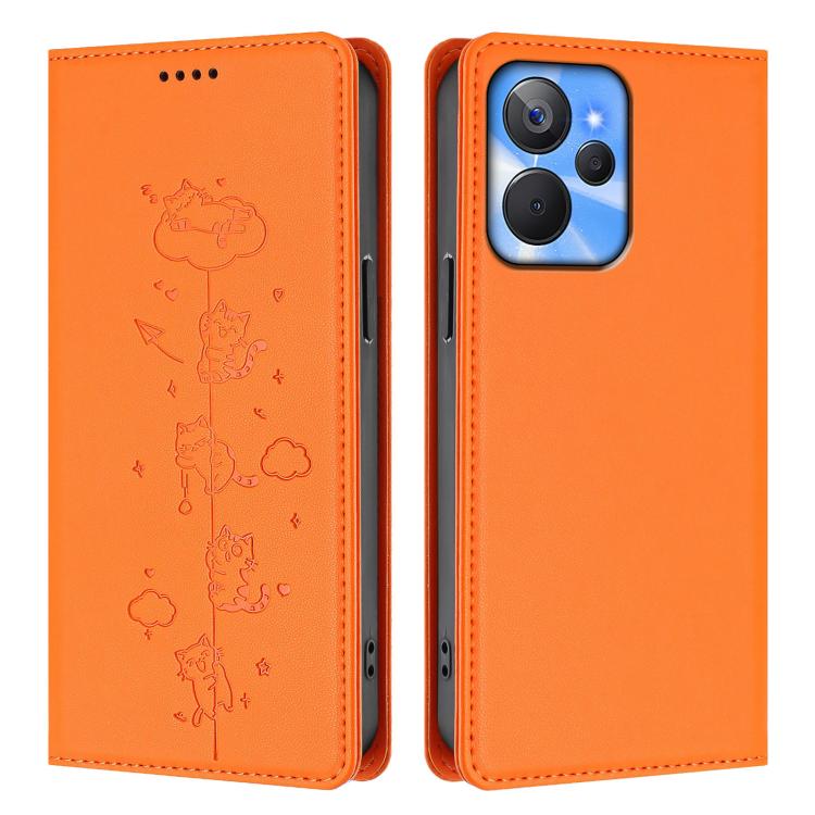 For Realme 10T 5G / 10s 5G Cute Cats Embossed Magnetic RFID Vegan Leather Phone Case