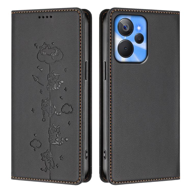 For Realme 10T 5G / 10s 5G Cute Cats Embossed Magnetic RFID Vegan Leather Phone Case