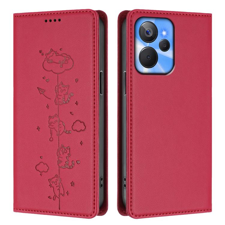 For Realme 10T 5G / 10s 5G Cute Cats Embossed Magnetic RFID Vegan Leather Phone Case