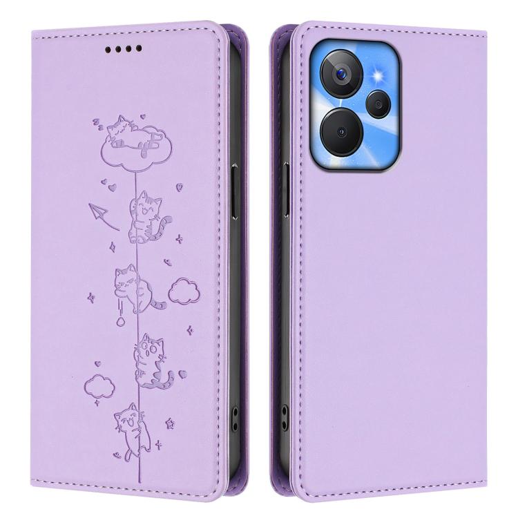 For Realme 10T 5G / 10s 5G Cute Cats Embossed Magnetic RFID Vegan Leather Phone Case