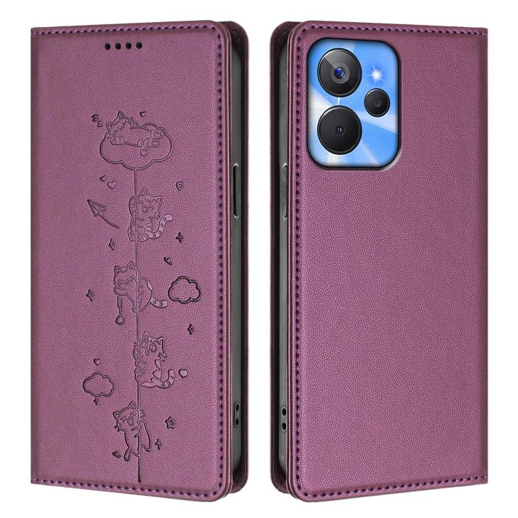 For Realme 10T 5G / 10s 5G Cute Cats Embossed Magnetic RFID Vegan Leather Phone Case