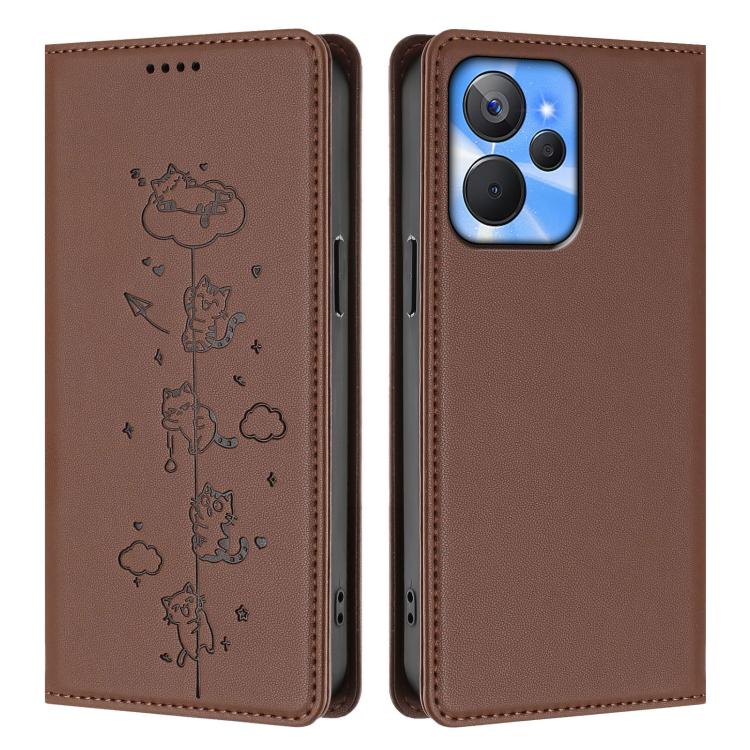 For Realme 10T 5G / 10s 5G Cute Cats Embossed Magnetic RFID Vegan Leather Phone Case