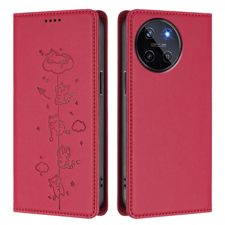 For Realme 11 4G Global Cute Cats Embossed Magnetic RFID Vegan Leather Phone Case