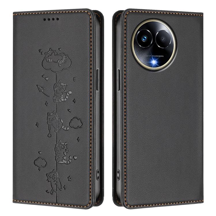 For Realme 11 5G Global / C67 5G India Cute Cats Embossed Magnetic RFID Vegan Leather Phone Case
