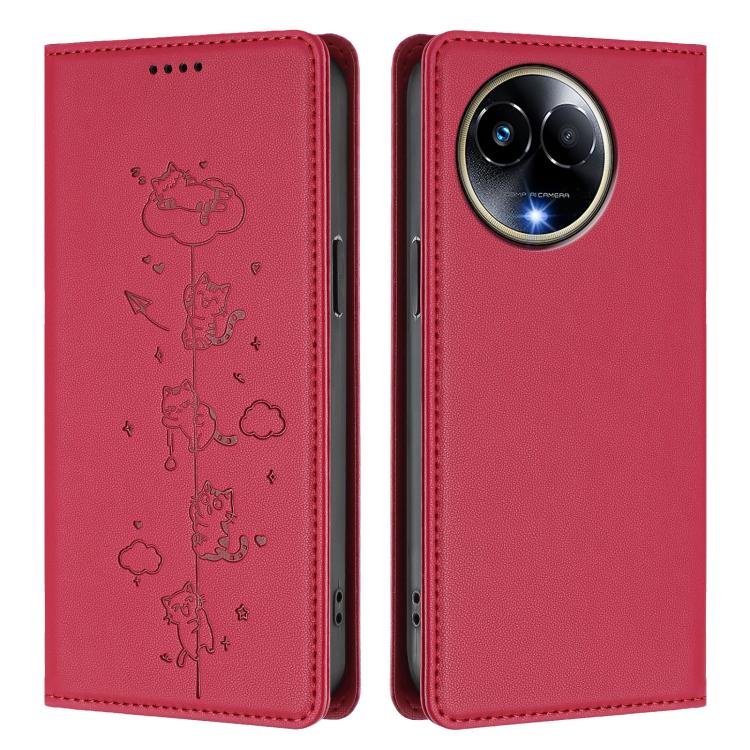 For Realme 11 5G Global / C67 5G India Cute Cats Embossed Magnetic RFID Vegan Leather Phone Case