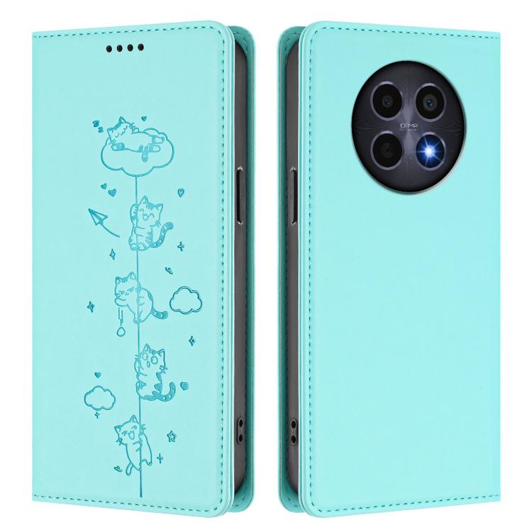 For Realme 12 5G / 12x 5G Global Cute Cats Embossed Magnetic RFID Vegan Leather Phone Case