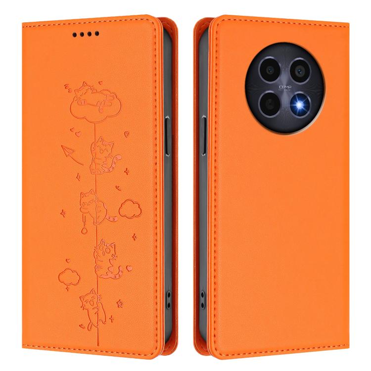 For Realme 12 5G / 12x 5G Global Cute Cats Embossed Magnetic RFID Vegan Leather Phone Case