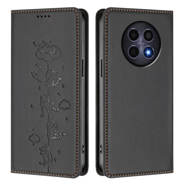 For Realme 12 5G / 12x 5G Global Cute Cats Embossed Magnetic RFID Vegan Leather Phone Case