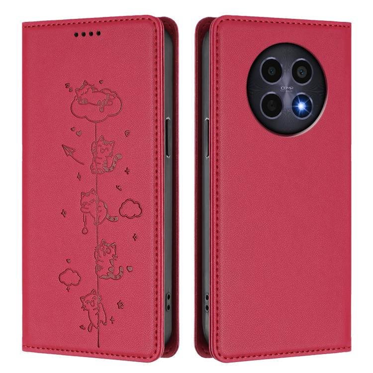 For Realme 12 5G / 12x 5G Global Cute Cats Embossed Magnetic RFID Vegan Leather Phone Case