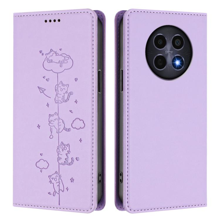 For Realme 12 5G / 12x 5G Global Cute Cats Embossed Magnetic RFID Vegan Leather Phone Case