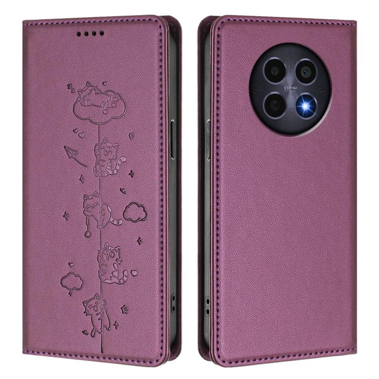 For Realme 12 5G / 12x 5G Global Cute Cats Embossed Magnetic RFID Vegan Leather Phone Case