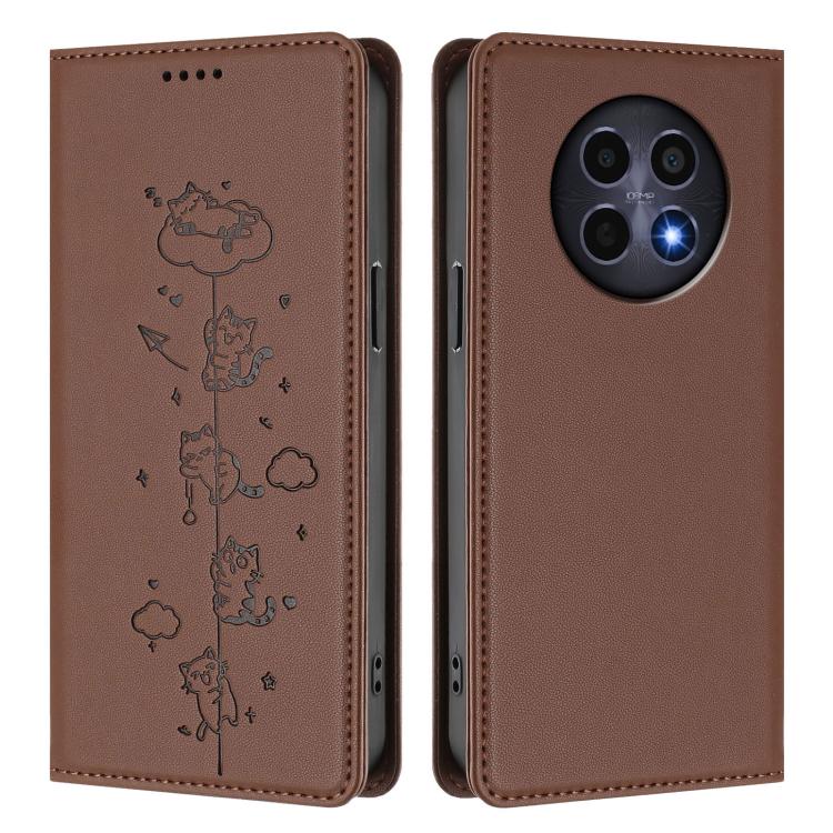 For Realme 12 5G / 12x 5G Global Cute Cats Embossed Magnetic RFID Vegan Leather Phone Case