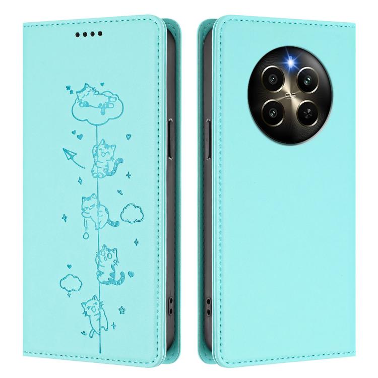 For Realme 12 Pro 5G / 12 Pro+ 5G Global Cute Cats Embossed Magnetic RFID Vegan Leather Phone Case